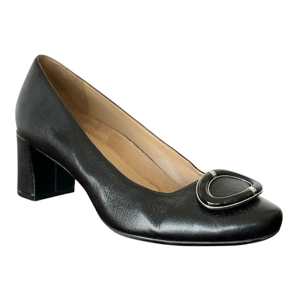 NATURALIZER Kyran Block Heel Leather Pumps in Black Oval Vamp Detail Size 8.5 - Picture 1 of 7